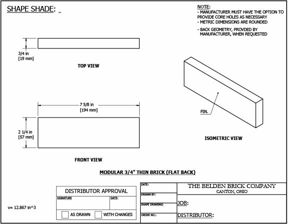 Modular 3/4" Flat Back Thin Brick Specification