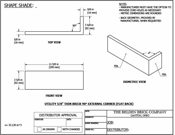 Utility 5/8" 90° External Corner Flat Back Thin Brick Specification